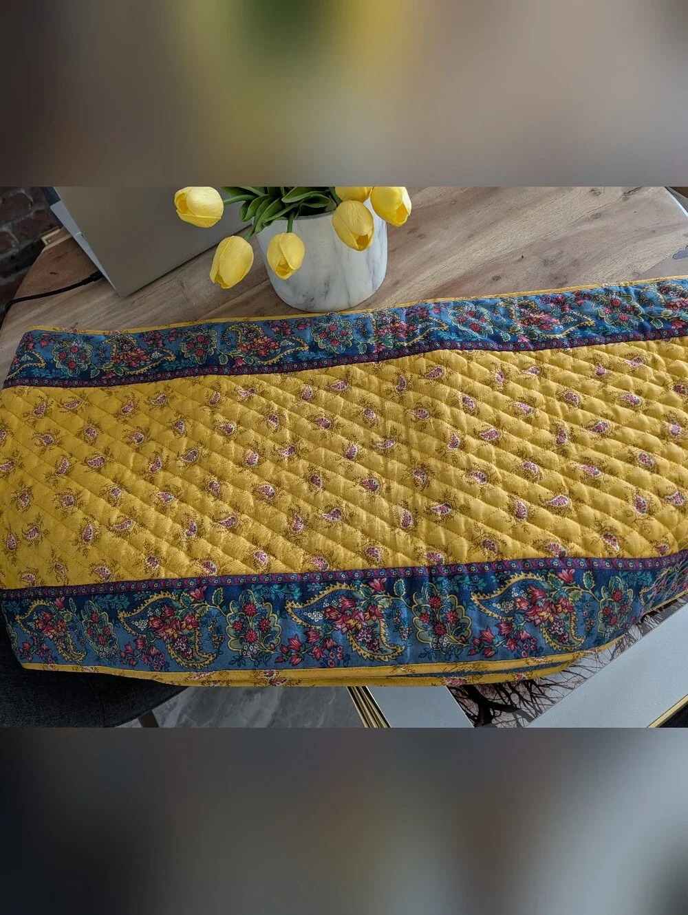 French Provencal Quilted 100% Cotton Table Runner Yellow & Blue